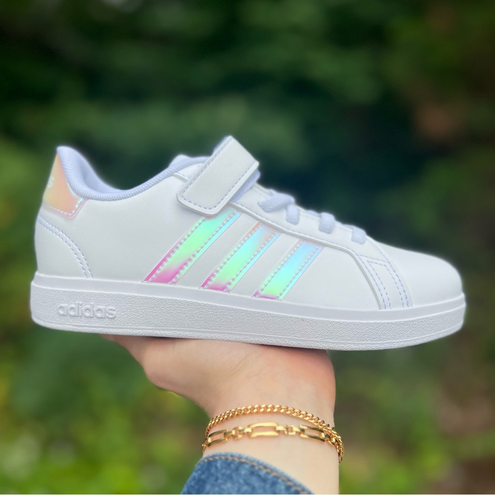 851 | Adidas Grand Court Kids Girls White Sneakers with Iridescent Stripes - Picture 2 of 10